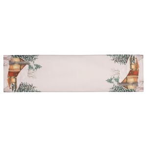 Běhoun s vánočním motivem, zasněžená chalupa, 40x150 cm,100 % polyester.